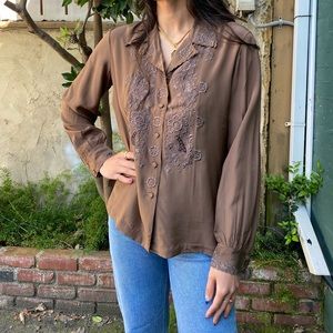 Hand embroidered, silk western collar long sleeve blouse in the color brown